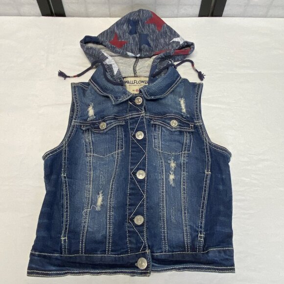 Wallflower Hooded Distressed Denim Buttonup Vest S Medium Wash Casual Sleeveless - Picture 7 of 12